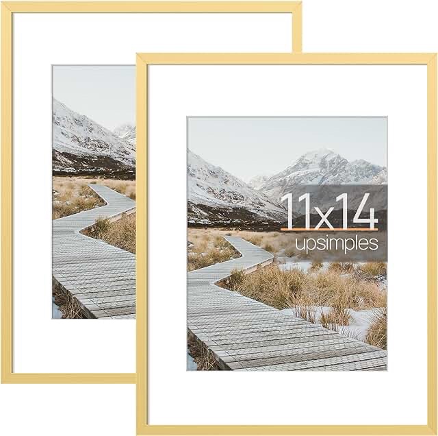 upsimples 11x14 Aluminum Picture Frame with mat for 8x10 Gallery Wall Decor Metal Photo Frames Set of 2, Gold