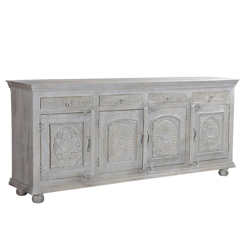 Taran Designs Monte 102” Four-Drawer Farmhouse Mango Wood Sideboard in Gray