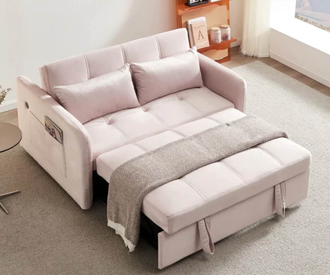 ZNTS 55.5" Twins Pull Out Sofa Bed Pink Velvet, W1097104080