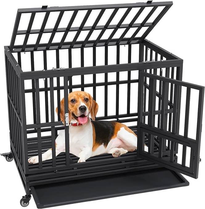 VEVOR 38 Inch Heavy Duty Dog Crate, Indestructible Dog Crate, 3-Door Heavy Duty Dog Kennel for Medium