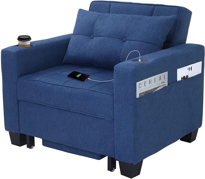 DURASPACE Futon Chair Bed Convertible Chair Pull Out Sleeper Chair Beds with USB Ports, Armchair Bed Sleeper for Living Room (Blue Linen)