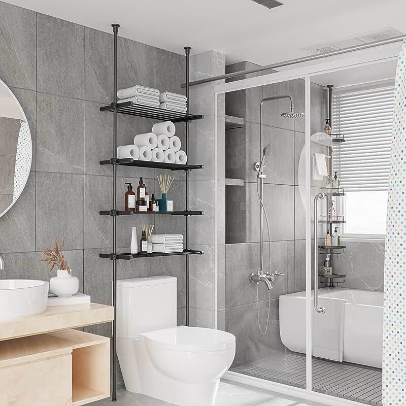DYN Ptah Over The Toilet Storage Shelves, 4-Tier Adjustable Over Toilet Bathroom Organizer,Metal Over Toilet Shelves Storage for Small Room, Saving Space, 65 to 116 Inch Tall, Black