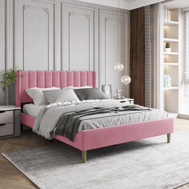 AUFANK Queen Bed Frame Upholstered Platform with Wooden Slats, Noise-Free, Pink