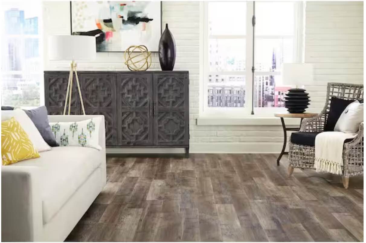 Weekend Warrior Blazed Barnwood 3 MIL Peel & Stick Water Resistant Luxury Vinyl Flooring (21 sf/case)