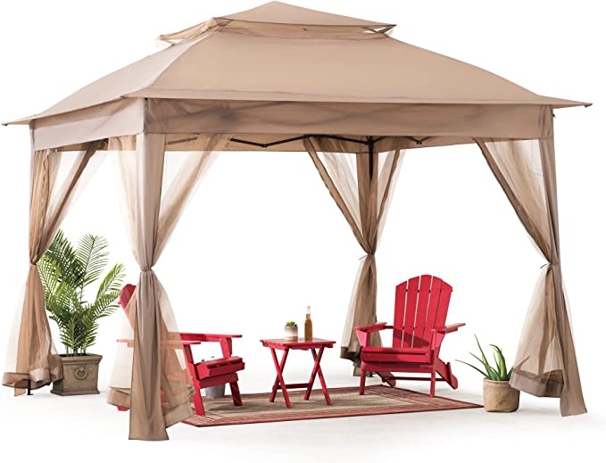 Sunjoy 11x11 ft. Pop-Up Instant Gazebo, Outdoor Portable Steel Frame 2-Tier Top Canopy/Tent with Netting and Carry Bag, Khaki A109000101