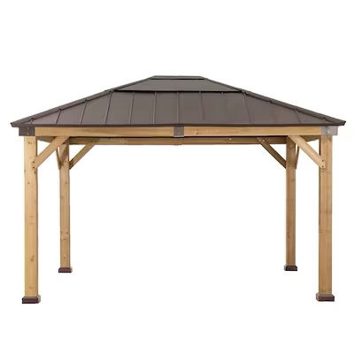 Sunjoy 13-ft x 11-ft Brown Wood Rectangle Gazebo with Steel Roof