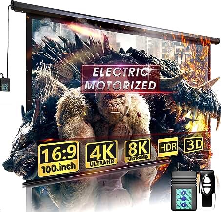 Aoxun 100" Motorized Projector Screen - Indoor and Outdoor Movies Screen 100 inch Electric 16:9 Projector Screen W/Remote Control
