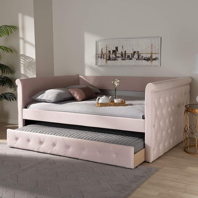 **INCOMPLETE** Baxton Studio Amaya Modern and Contemporary Light Pink Velvet Fabric Upholstered Queen Size Daybed with Trundle