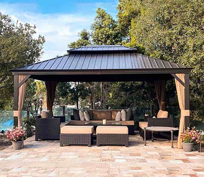 PURPLE LEAF 12' X 16' Outdoor Hardtop Galvanized Steel Double Roof Permanent Gazebo Canopy Aluminum Frame Patio Garden Gazebo with Curtains and Netting