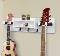 Double Guitar Ukulele Wall Hanger with 2 Holders, Rustic Guitar/Ukelele Hangers with 2 Layered Shelf and Pick Holders for Wall Mount, White