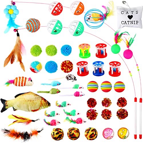 Sosation 50 Pieces Cat Toys Variety Pack Assorted Styles Kitten Toys, Includes Interactive Feather Teaser Toy Cat Balls Cat Mouse Toy Mylar Crinkle Balls for Cats Kittens Interactive Playing