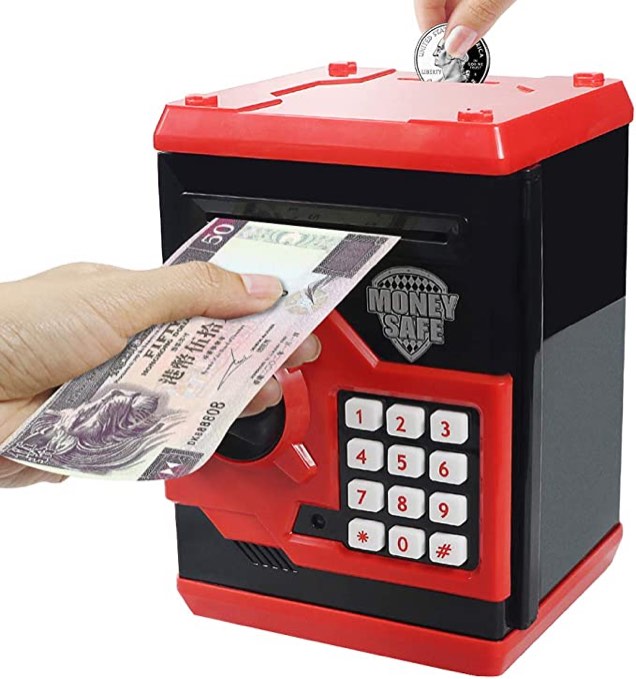Sikaye Piggy Banks Best Gift for Kids Children Electronic Code Lock Money Banks with Password Mini ATM Money Save for Paper Money and Coins, Great for Boys & Girls (Black/Red) Visit the Sikaye Store