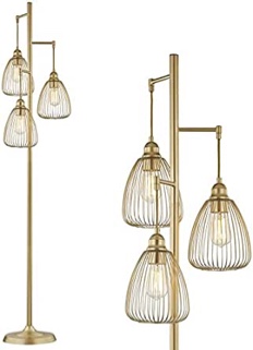 LeeZM Floor Lamp, Standing Farmhouse Lamp with 3 Teardrop Cage Head, Tall Vintage Industrial Pole Lighting (3 Bulbs exclude), Rustic Torchiere Tree Floor Lamp for Living Room, Home, Office - Gold