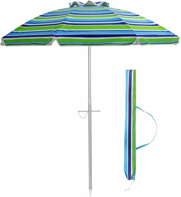 Portable 6.5-ft Octagon stripe Sun Shade Patio Beach Umbrella with Drape Air-vent and Carrying Bag without Weight Base, Blue