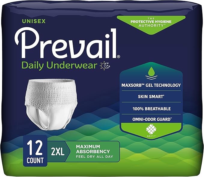 Prevail Daily Protective Underwear - Unisex Adult Incontinence Underwear - Disposable Adult Diaper for Men & Women - Maximum Absorbency - XX-Large - 12 Count