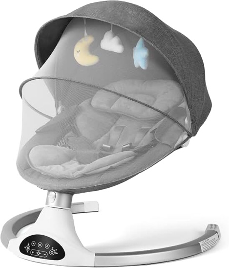 Baby Swing for Infants, Baby Rocker with 5 Point Harness, Bluetooth Support, 10 Preset Lullabies and 3 Speeds with Remote Control, Infant Swing for Baby Boy Girl Up to 20 lbs, Grey