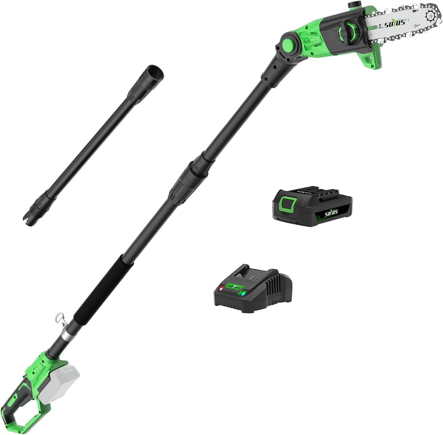 Cordless Pole Saw 8-Inch,15-Foot Max Reach Pole Saw for Tree Trimming, 16ft/s Speed, Auto Oiling, Multi-Angle Pole Chainsaw with 2.0Ah Battery & Charger