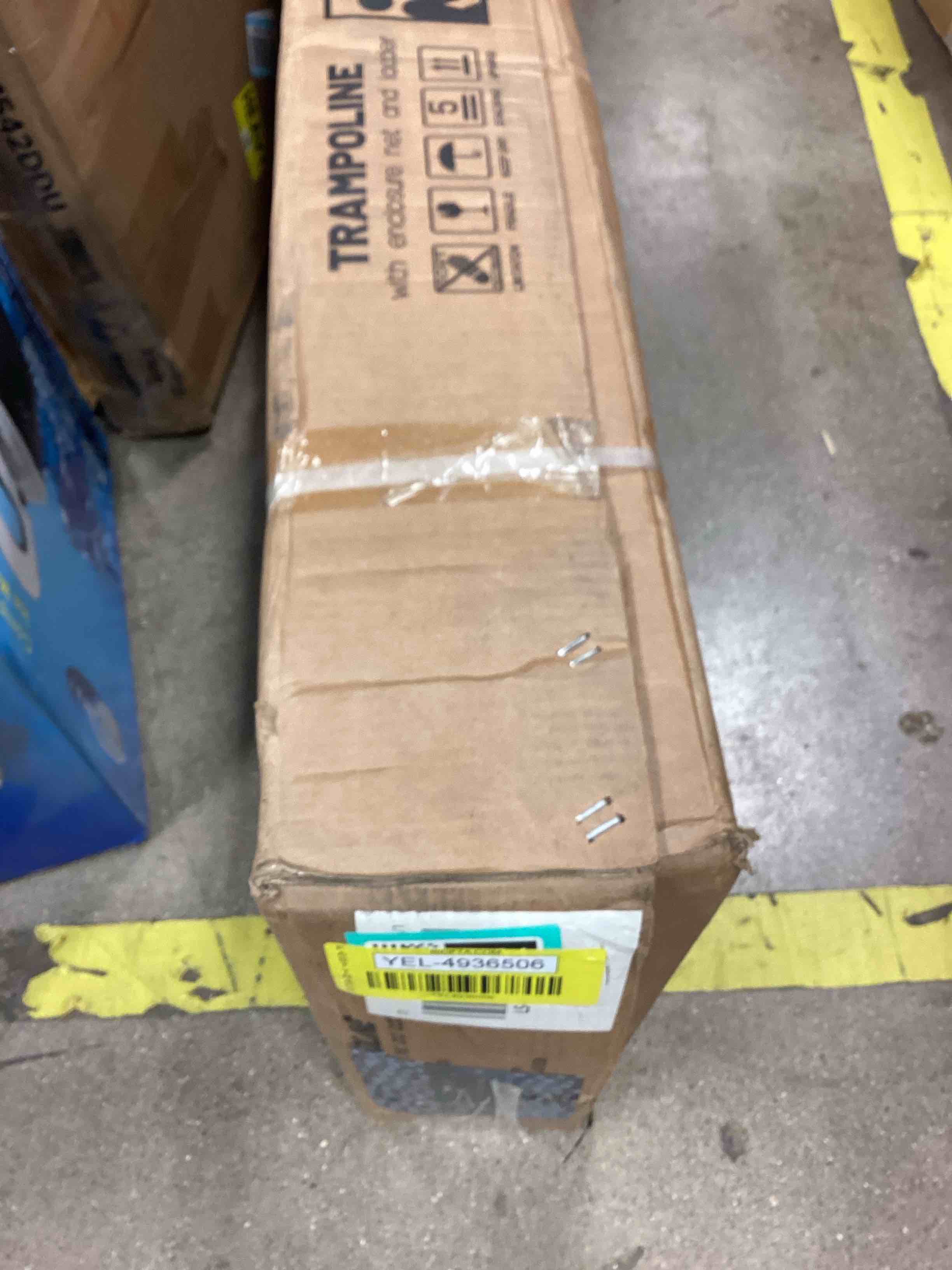 Condition photo showing As Is for (1 box) missing leg stands 2nd box of 2 boxes 10ft 12ft 14ft 15ft 16ft outdoor trampoline with enclosure net, heavy duty yard trampolines, astm approval recreational trampolines for kids and adults