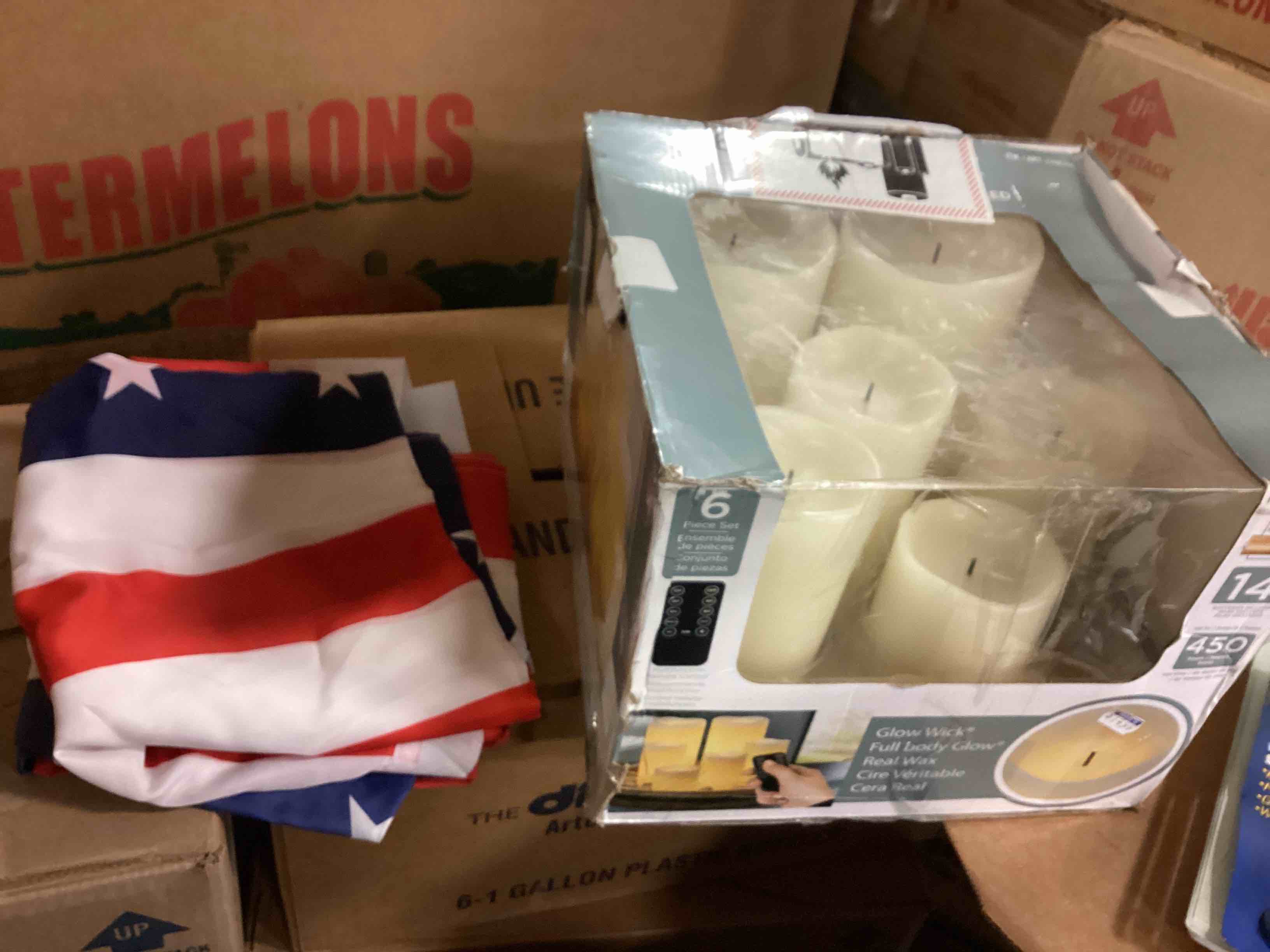 ASSORTED ITEMS: GLOW WICK CANDLES, WEIGHT SCALE, TEA LIGHTS, GARDEN LIGHTS, FLAG AND MUCH MORE