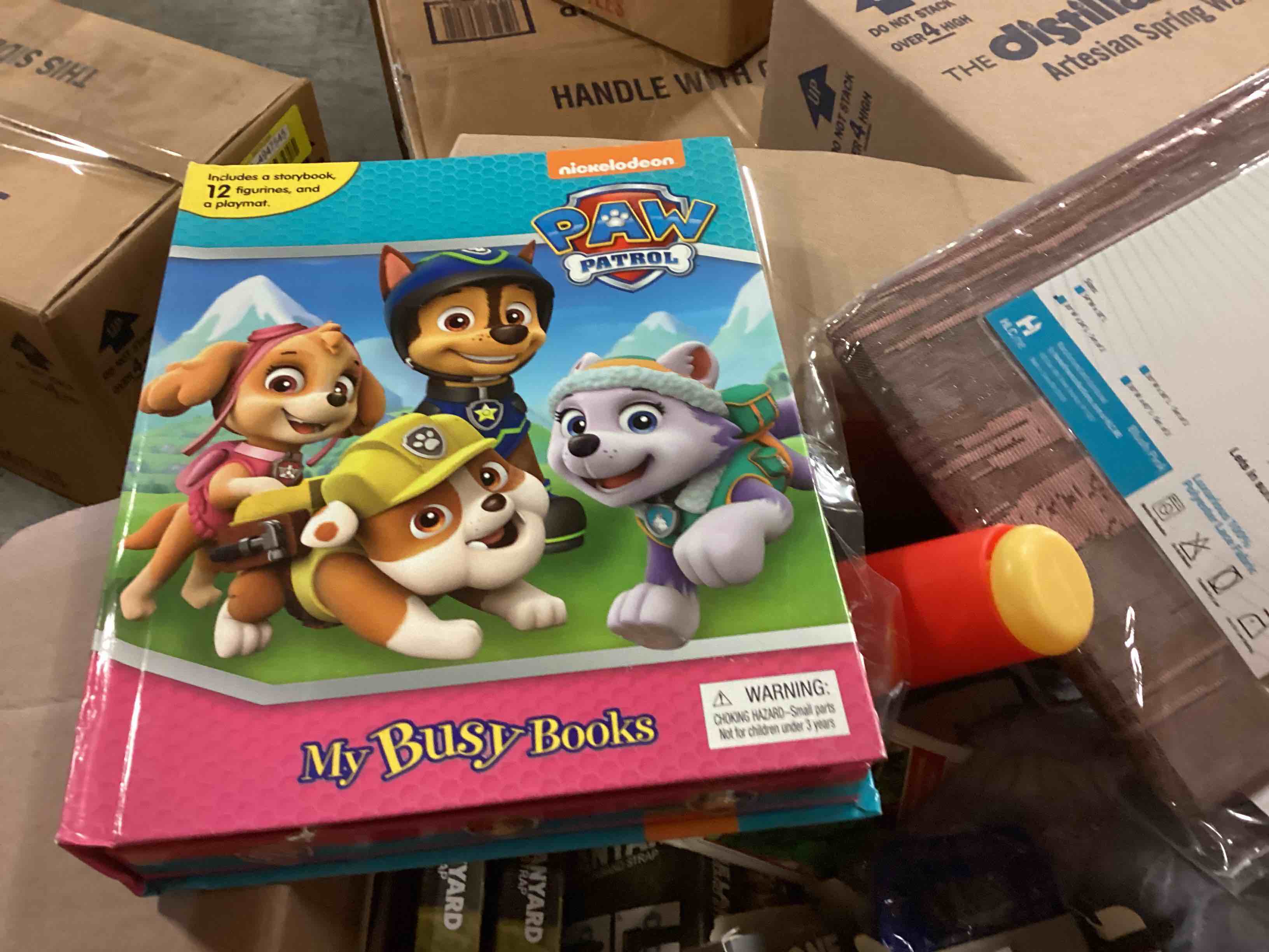 ASSORTED ITEMS:  2 PAW PATROL BUSY BOOKS, PORABLE VACUUM CLEANER, RED WHITE BLUE ICE CUBES, NAIL DRYER AND MUCH MORE
