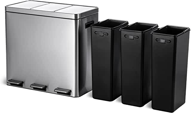 Home Zone Living 16 Gallon Kitchen Trash Can Recycling Combo with 3 Compartments for 60 Liter Total Capacity