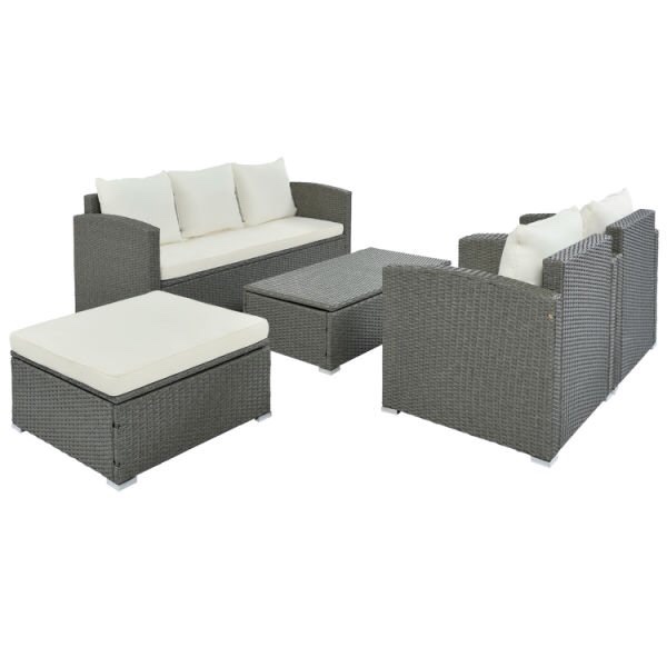 CoCoCherry Outdoor Patio 5-Piece All-Weather PE Wicker Rattan Sectional Sofa Set with Multifunctional Table and Ottoman, Gray Wicker+ Beige Cushion
