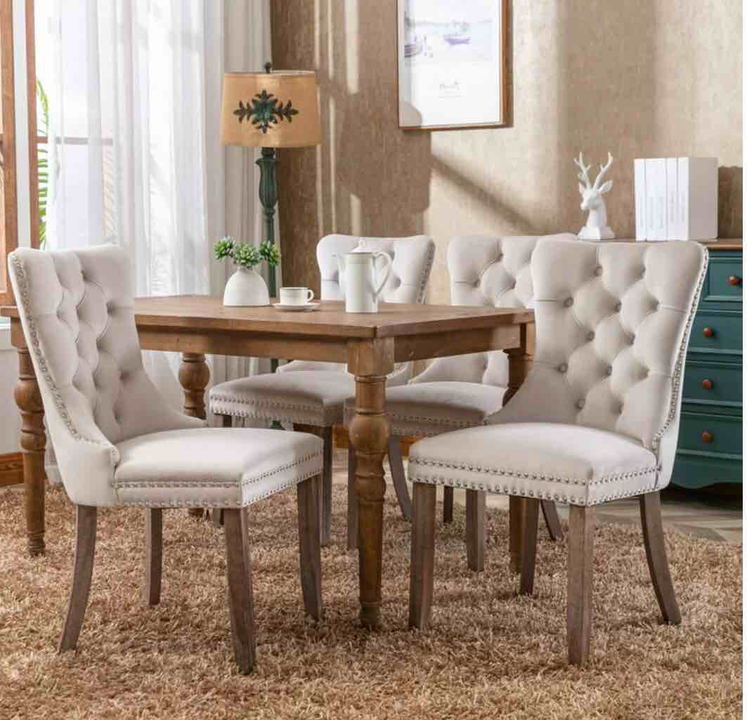 ABET Modern Dining Chairs Set of 4, Button Tufted Parsons Dining Chairs, Upholstered Fabric with Nailheads and Solid Wood Legs, Stylish Kitchen Chairs with Padded Seat, natural color