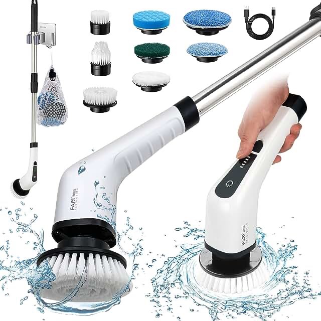 Electric Spin Scrubber, Electric Bathroom Cleaning Brush, LHPY Upgraded Version with 7 Replacement Brush Heads and Extension Handle, Suitable for Cleaning Walls, Floors, bathrooms, Kitchens, Cars