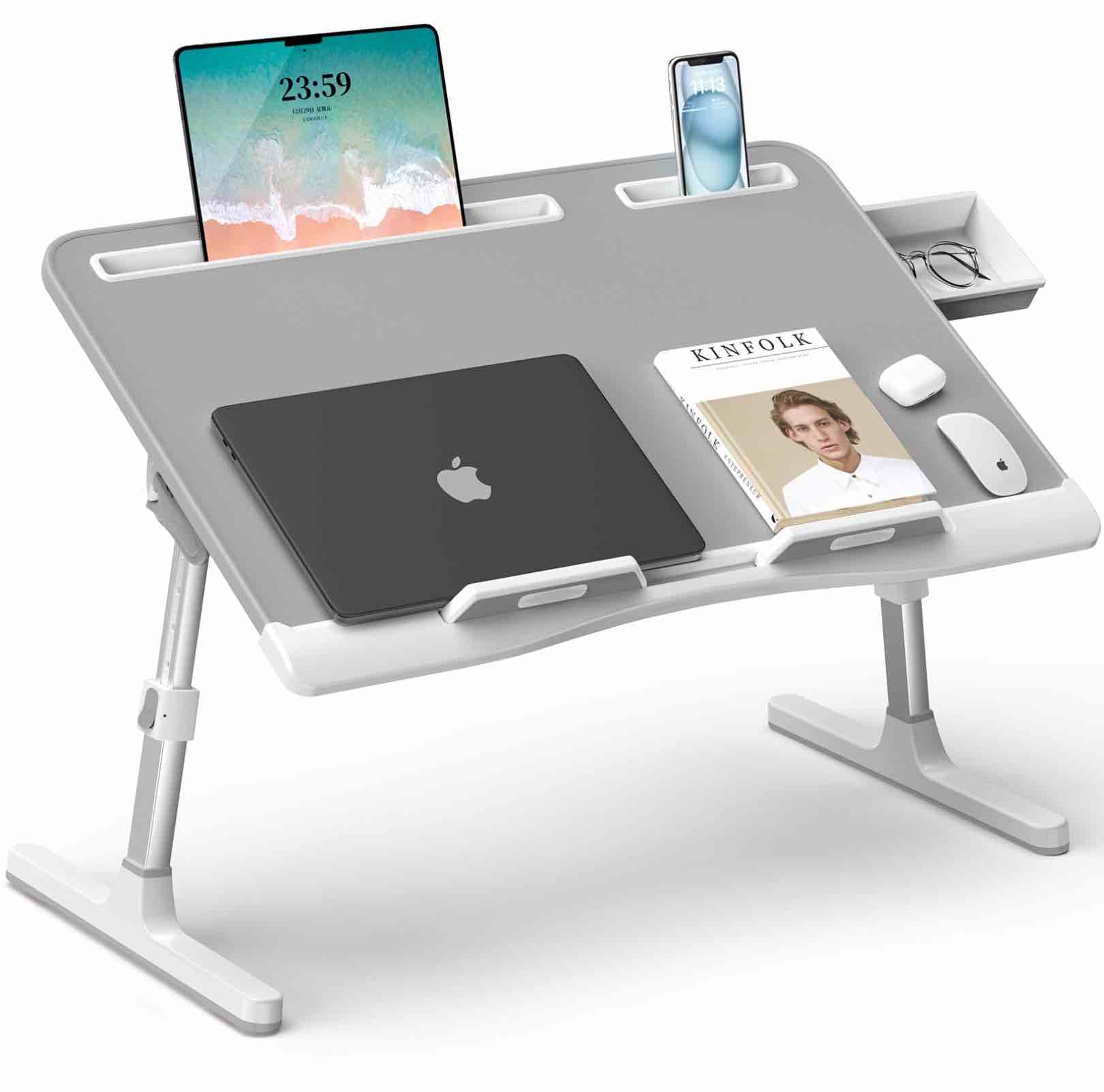 Laptop Desk for Bed, Leather X-Large Adjustable Laptop Stand for Bed, Foldable Laptop Lap Desk for Bed Couch Floor Writing Eating Working with Drawer 2 Movable Stoppers (23.6 inch, Grey)