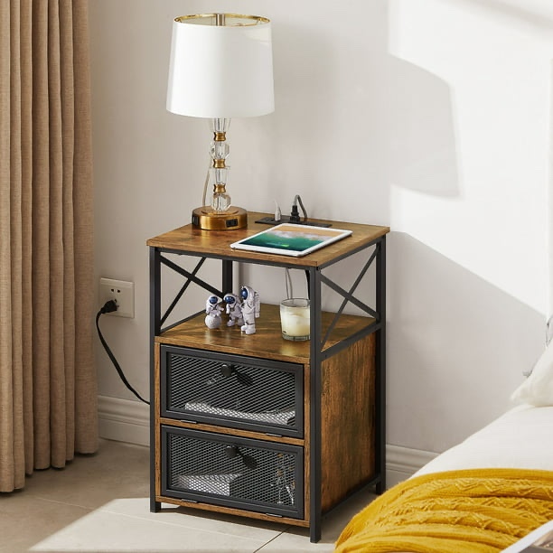 VECELO NIGHT STAND, WITH  CHARGING STATION,BROWN