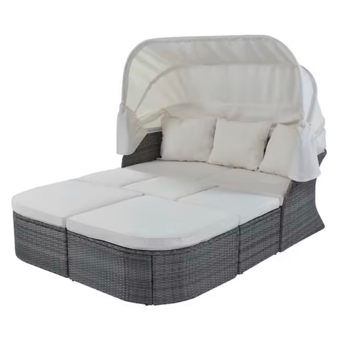(box 3/3)Grey 6-Piece Cushioned Rattan Wicker Outdoor Sunbed or Outdoor Day Bed with Beige Cushions and Sun Canopy