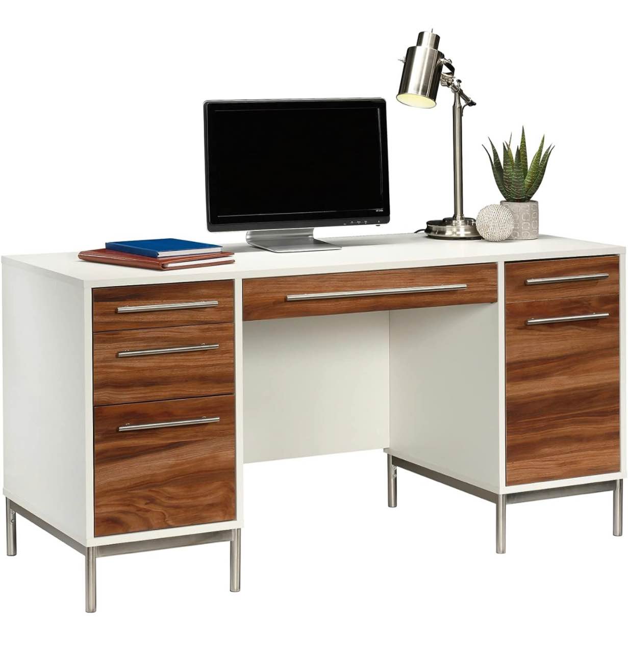 Sauder® Vista Key 60"W Executive Desk, Pearl Oak/Blaze Acacia