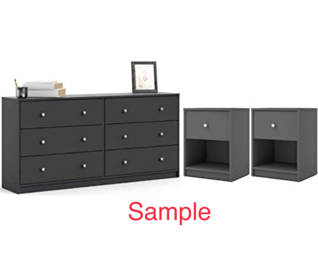 landing 6 drawer dresser and 2 nightstand with 2 drawer Outlet: Black, Pull: Integrated