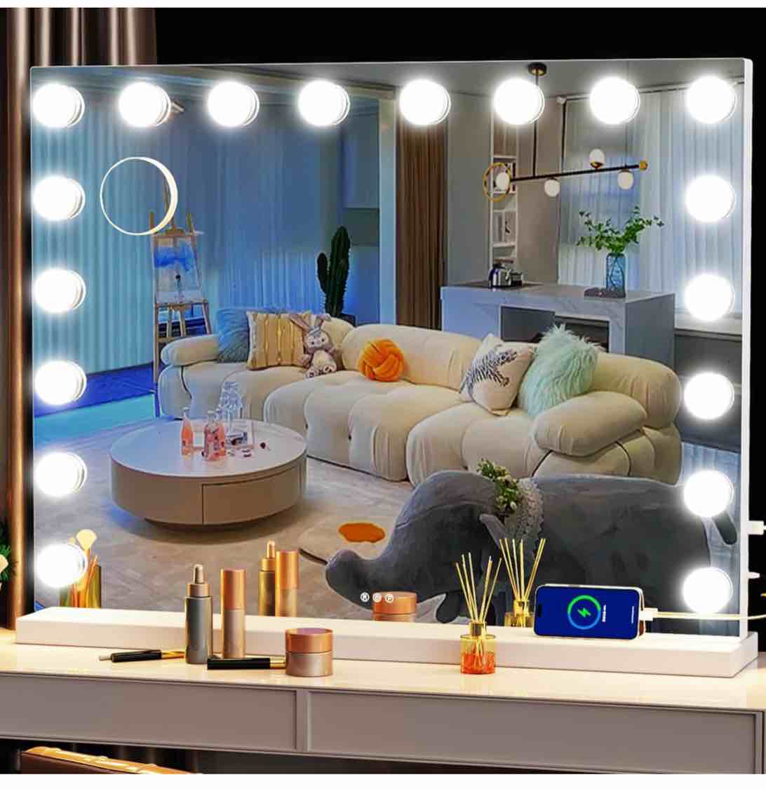 Gvnkvn Vanity Mirror with Lights, 32 x 24 Tabletop Hollyhood Makeup Mirror, Hollywood Lighted Mirror with 18 Dimmable LED Bulbs,3 Colors Modes,Touch Control,Metal Frame