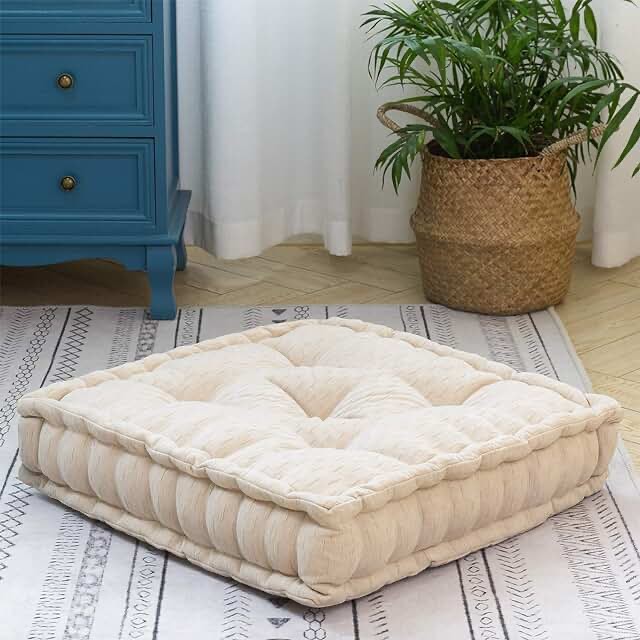 HIGOGOGO Floor Cushion Pouf, Square Floor Pillow Seating Chenille Meditation Cushion, Thick Tufted Pillows for Living Room Yoga Bedroom Sofa, Beige, 20"x20"x5.5"
