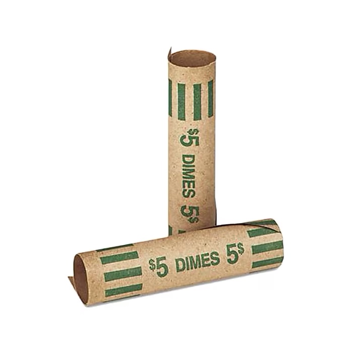  Highlights View full product details Gunshell crimped-end coin money wrapper features easy-to-open "trigger tab" Made of kraft paper with green ABA color coding 1000 per carton Free Returns CONTROLTEK $5 Dime Crimped-End Coin Wrapper, Kraft/Green, 1000/Carton 