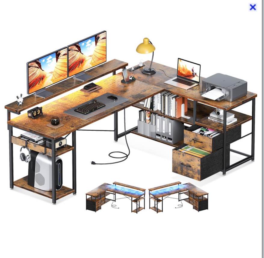 ODK L Shaped Gaming Desk with Power Outlets & LED Stripe, Reversible Computer Desk with File Drawer, Home Office Desk with Storage Shelves, 53 Inch Gamer Corner Desk with Monitor Stand, 