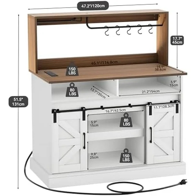 HBBOOMLIFE 47" Farmhouse Coffee Cabinet with Goblet Holder 5 Hooks and Power Outlets Kitchen White Sideboard Buffet Cabinet w/Sliding Barn Door Wine Cabinets for Home Dining Living
