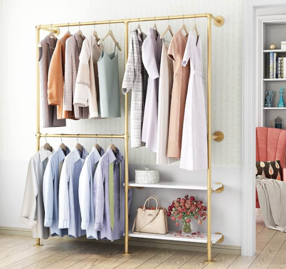 IronJiaZu Gold Pipe Clothing Racks Wall Mounted, Gold Clothes Racks Double Hanging Rods Heavy Duty Garment Rack for Boutiques Retail Display,Gold Coat Racks(One Rack)