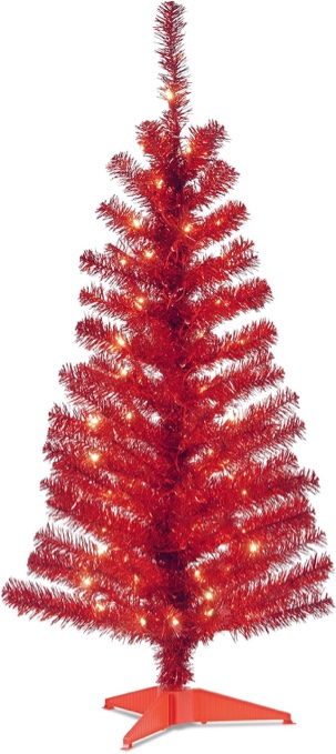 National Tree Company Pre-Lit Artificial Christmas Tree, Red Tinsel, Includes Stand, 3 feet