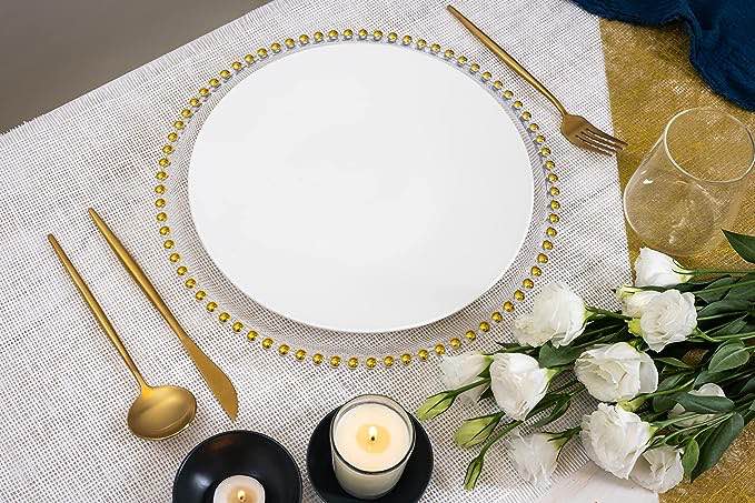 Clear Acrylic Charger Plates with Gold Beaded Rim - Set of 12 - for Dinner, Party, Weddings and Table Decoration.