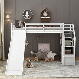 Lepfun Twin Size Loft Bed with Slide, Wood Low Loft Bed Frame for Kids, Twin Bed Multifunctional Design, Minimalistic and Stylish, for Bedroomto Save Space, White