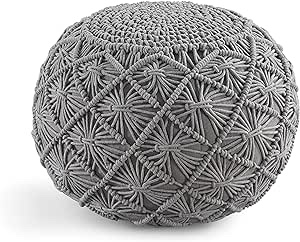 Lane Linen Pouf Ottoman - Hand Knitted Macrame Ottoman Pouf, Large Pouf Ottoman Foot Rest for Couch, 100% Cotton Cord, Poufs for Living Room, Floor Pouf Ottoman - 20 Diameter x 14 Height - Silver Grey