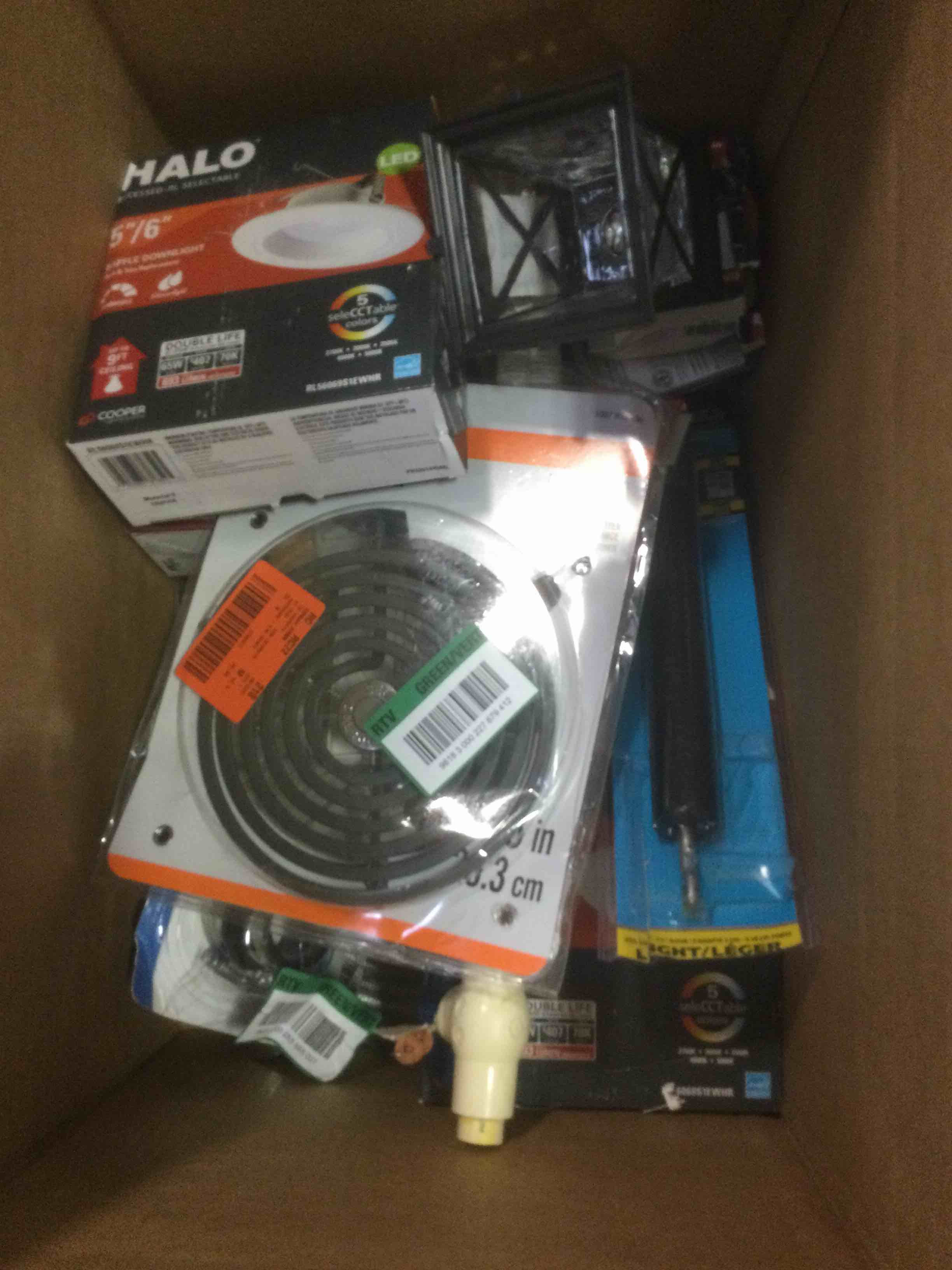 assorted tolls and home improvement items including heating element, halo recessed lights, supply line, indoor timer and much more  