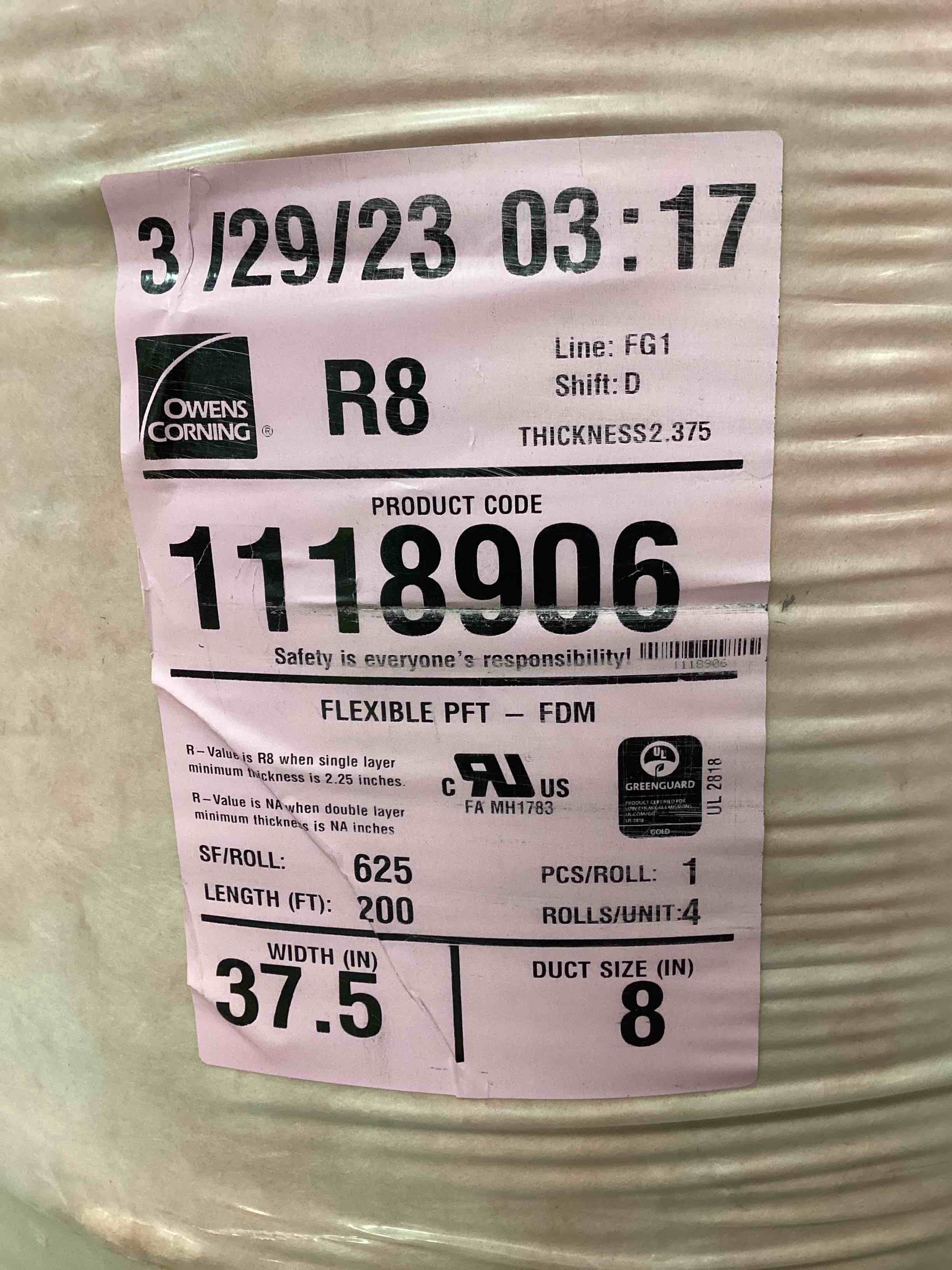 4 rolls R8 metal pole barn insulation 625 sq ft 37.5 in wide 8 in. duct size your bid per roll 