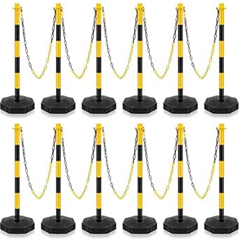 Traffic Delineator Post Cone, Plastic Stanchion Post Set Crowd Control Stands Barrier with 6.6 ft Link Chain and S Hooks for Parking Lot Construction Caution Roads, Yellow, Black (12 Sets)