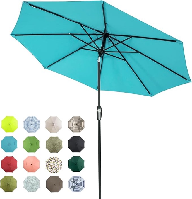 Tempera 9’Outdoor Market Patio Table Umbrella with Auto Tilt and Crank, Large Sun Umbrella with Sturdy Pole&Fade resistant canopy, Easy to set, turquoise 9’