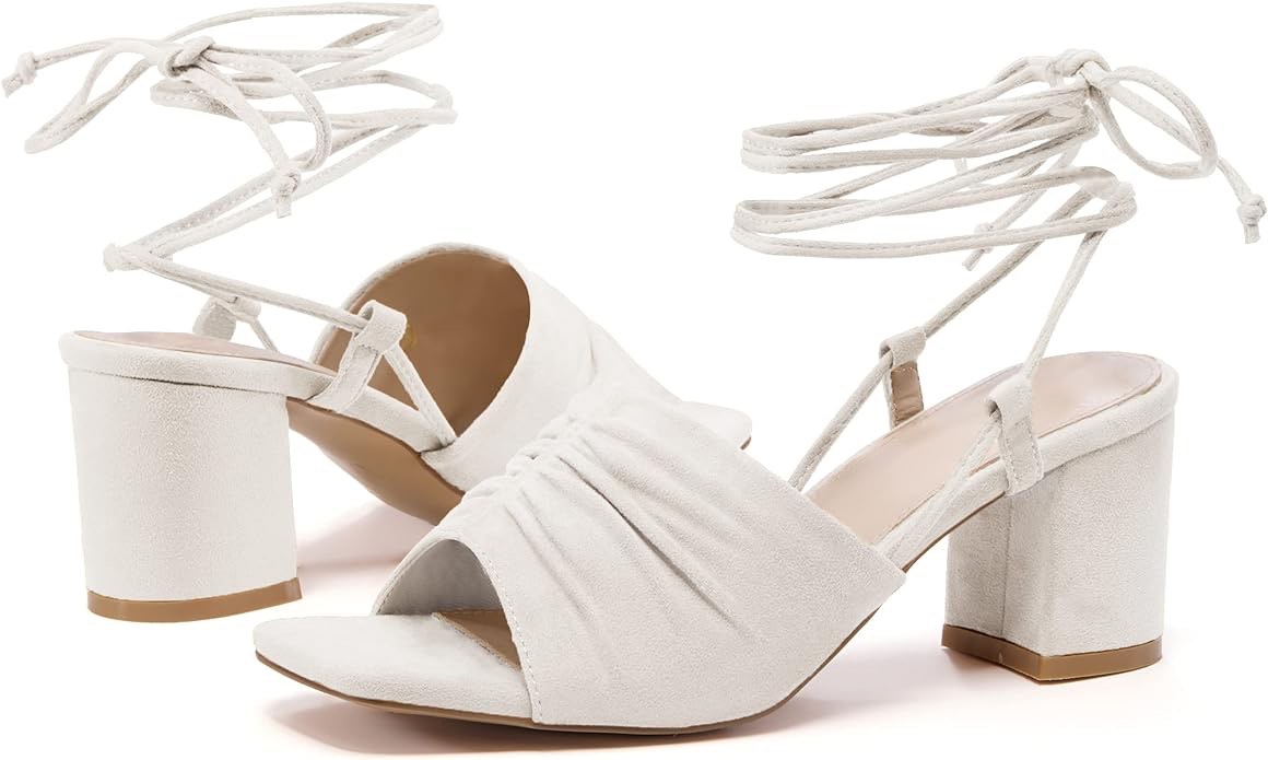 Coutgo Womens Lace Up Chunky Low Heels Sandals Square Open Toe Heeled Summer Dress Shoes 