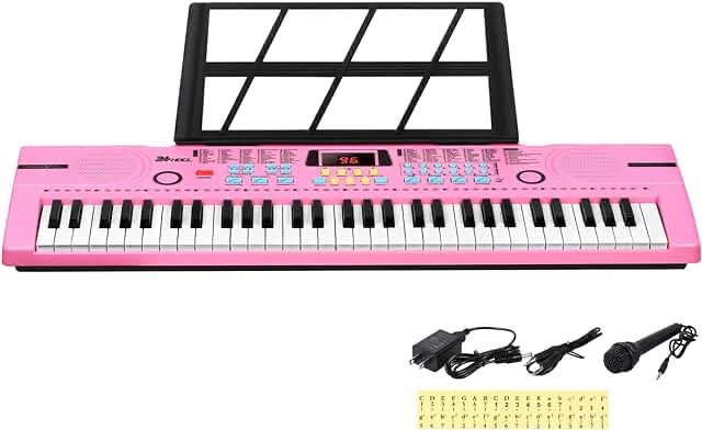 24HOCL 61 Keys Keyboard Piano, Kids Piano Keyboard with UL Adapter, Stand, Built-In Speaker, Mic, Portable Electronic Keyboard for Boys, Girls, Beginners Birthday Holidays Best Gifts