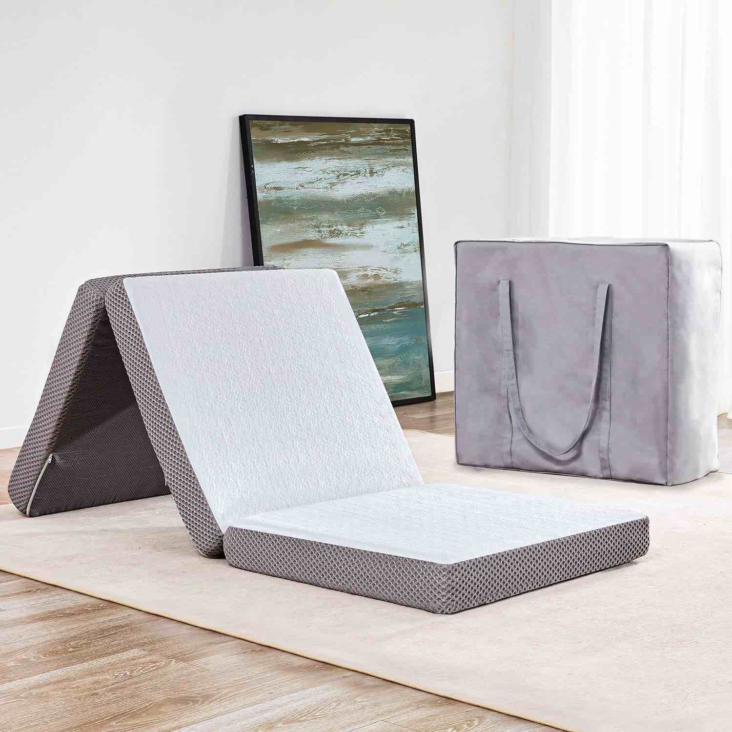 Kingfun Memory Foam Folding Mattress, 4 Inch Gel-Infused Foldable Floor Mattress, Breathable Tri-fold Mattress Topper with Bamboo Cover, Soft Folding Foldable Portable Floor Guest Bed (Twin)